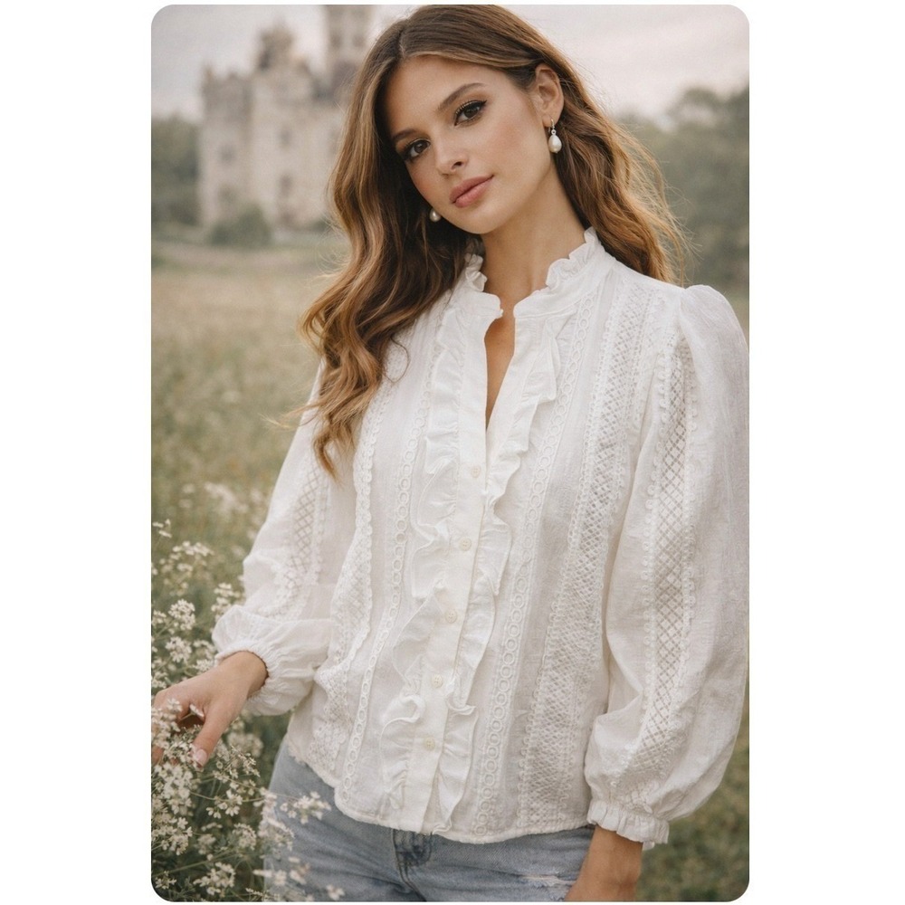 Victorian Ruffle Lace Blouse White Romantic Cottage Prairie Top Peasant SMALL